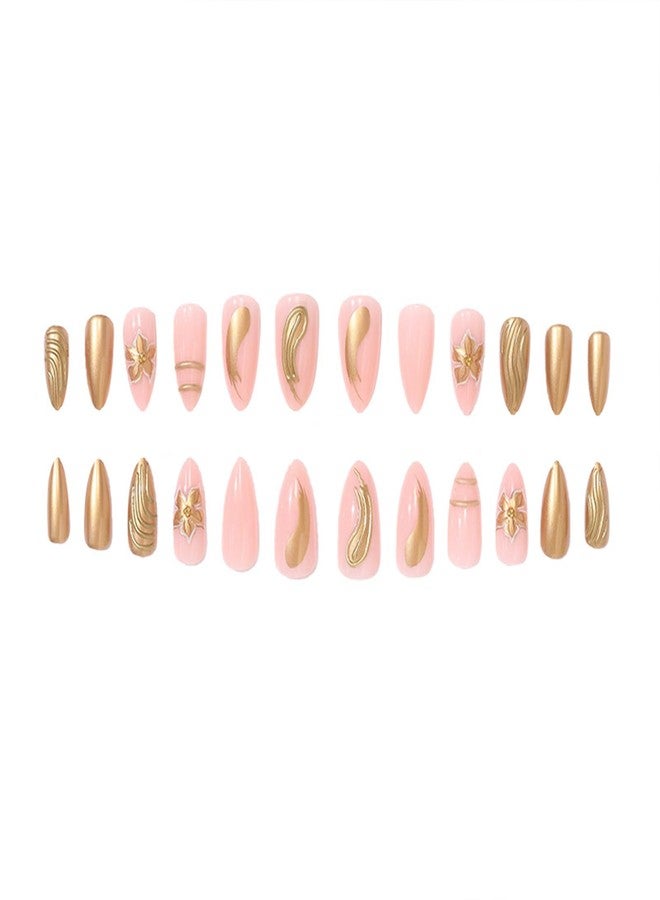 SINHOT Press on Nails - Medium Almond Fake Nails, Glossy Finish, Gold Chrome & Gold Flower, DIY Artificial False Nail Art - 24 Pcs Nail Kit with Glue - Image 4